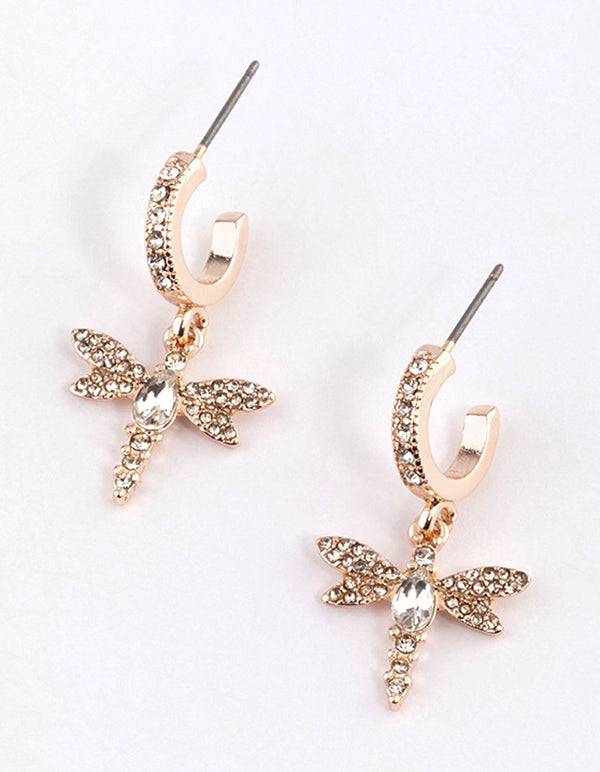 Rose Gold Diamante Dragonfly Huggie Earrings