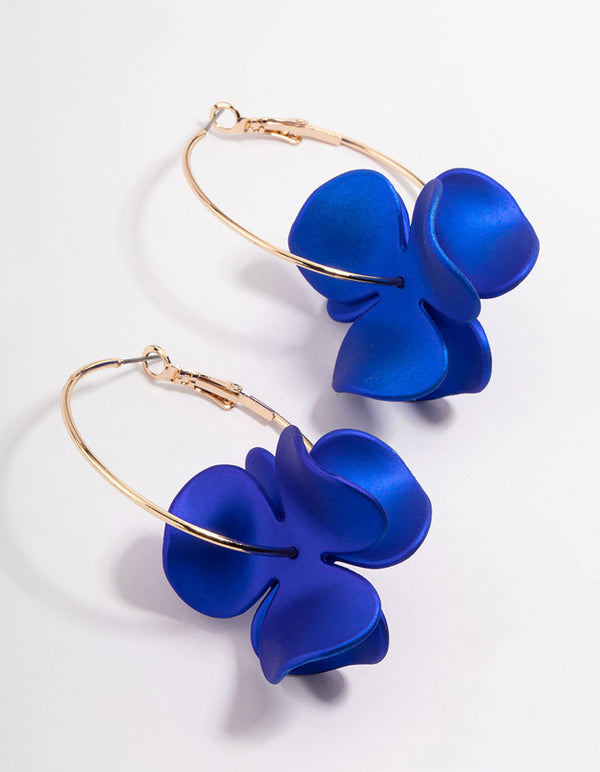 Gold Pealised Blue Flower Hoop Earrings