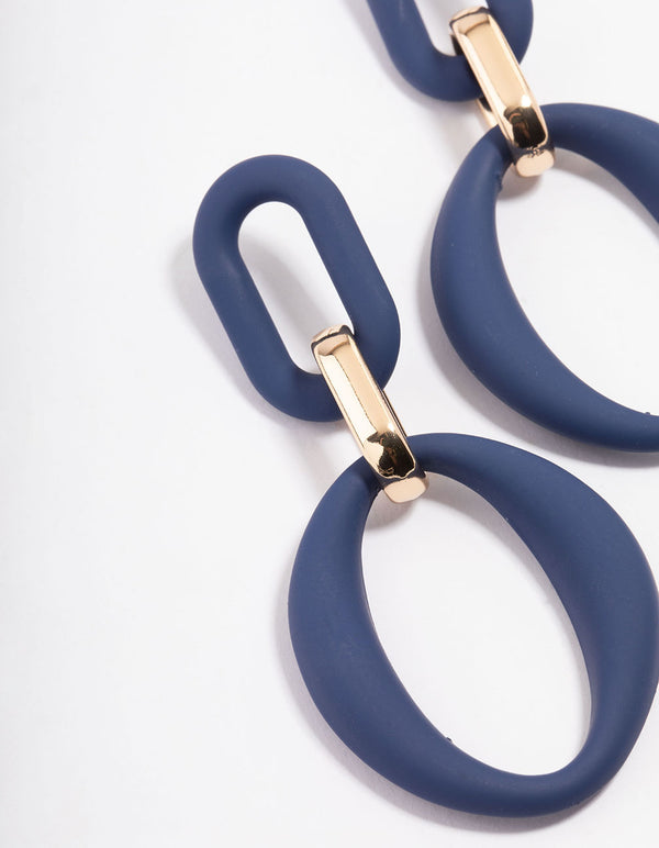 Gold Rubber Coated Blue Link Drop Earrings