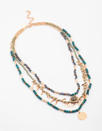 Gold Triple Row Hammered Disc Mixed Bead Necklace - link has visual effect only