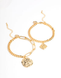 Gold Plated Brass Chain Link Disc Bracelet Pack - link has visual effect only