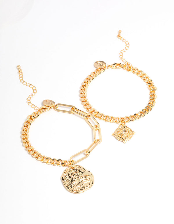 Gold Plated Brass Chain Link Disc Bracelet Pack