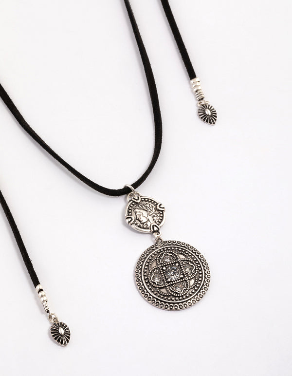 Antique Silver Multi Disc Suede Cord Layered Necklace
