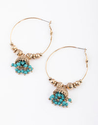 Antique Gold Blue Bead Hoop Jhumka Earrings - link has visual effect only