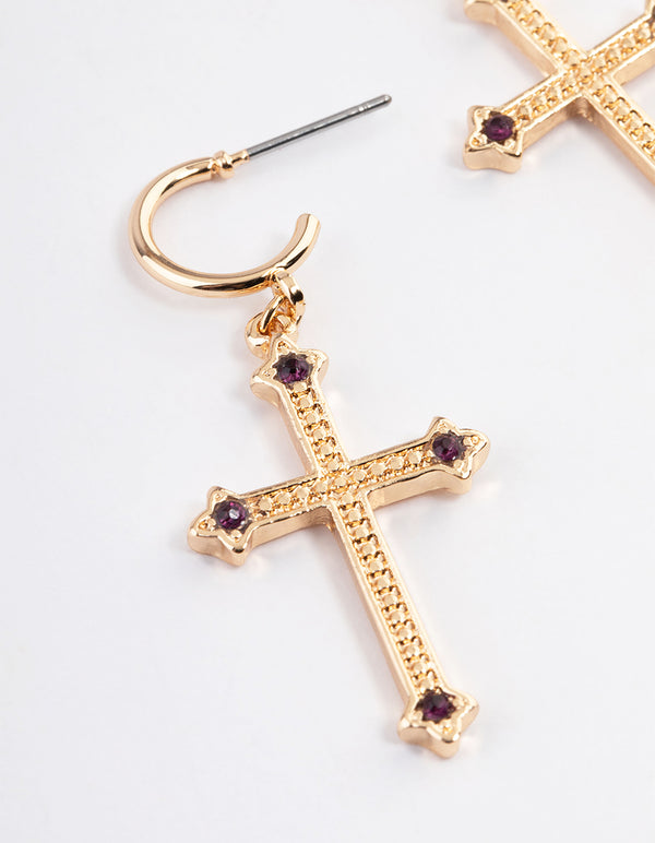 Gold Amethyst Pendant Cross Earrings