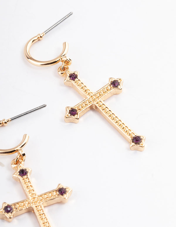 Gold Amethyst Pendant Cross Earrings