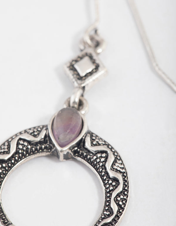 Antique Silver Amethyst Hook Crescent Earrings