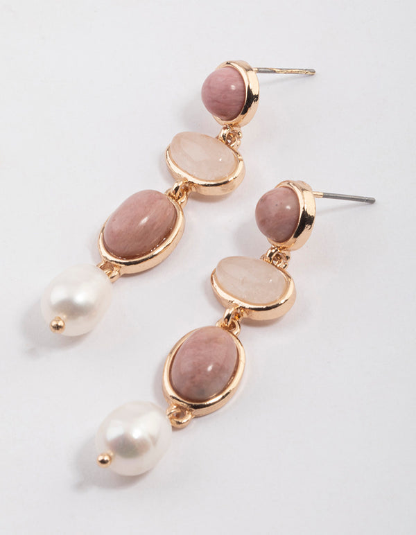 Gold Rose Quartz & Freshwater Pearl Drop Earrings