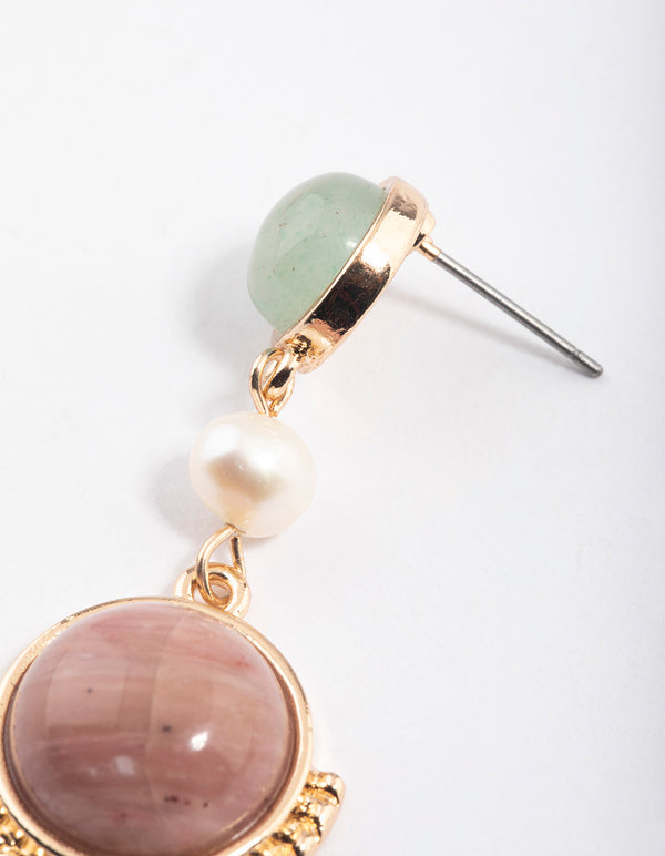 Gold Round Rhodonite Drop Earrings