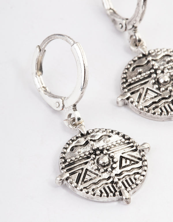 Antique Silver Flat Coin Hoop Earrings