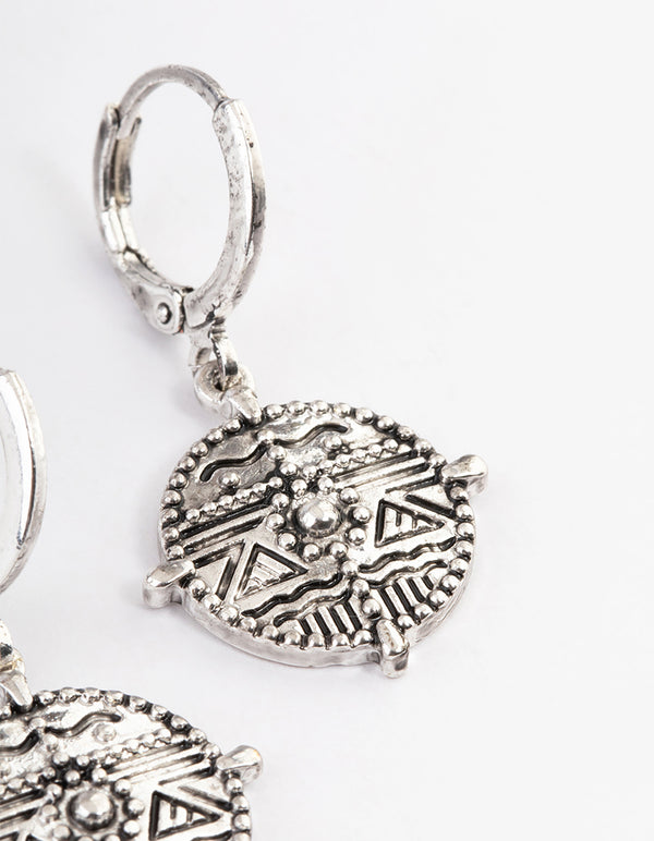 Antique Silver Flat Coin Hoop Earrings