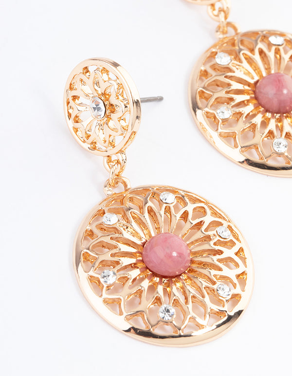 Gold Rhodonite Disc Drop Earrings