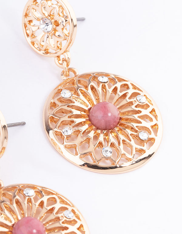 Gold Rhodonite Disc Drop Earrings