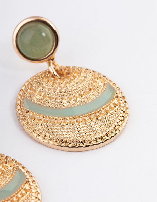 Gold Aventurine Disc Enamel Hoop Earrings