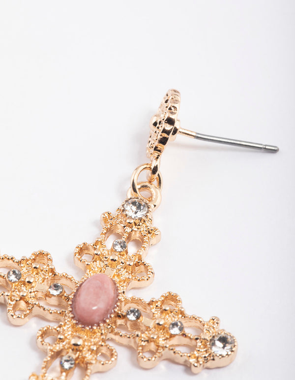 Gold Rhodonite Cross Detailed Earrings
