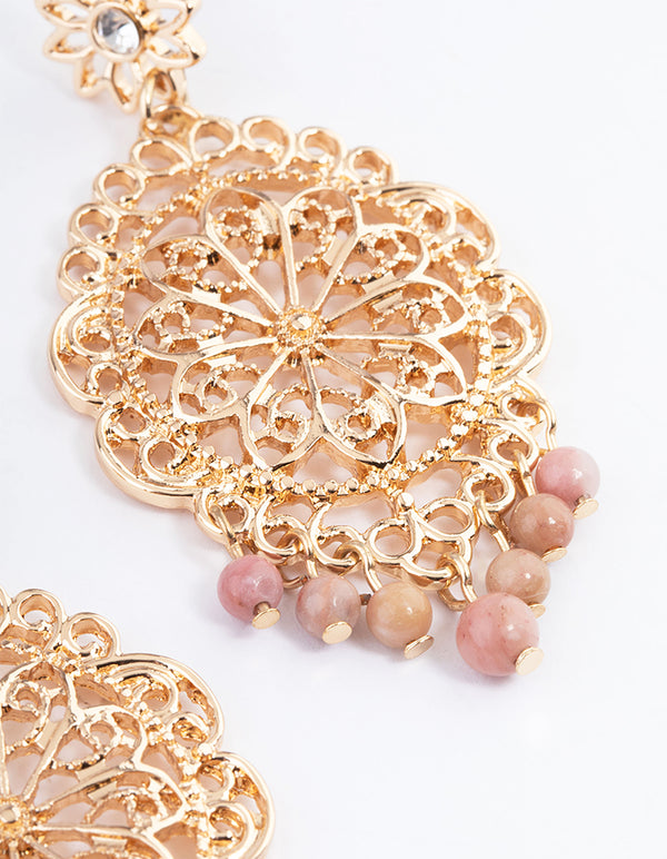 Gold Rhodonite Stamped Pendant Earrings