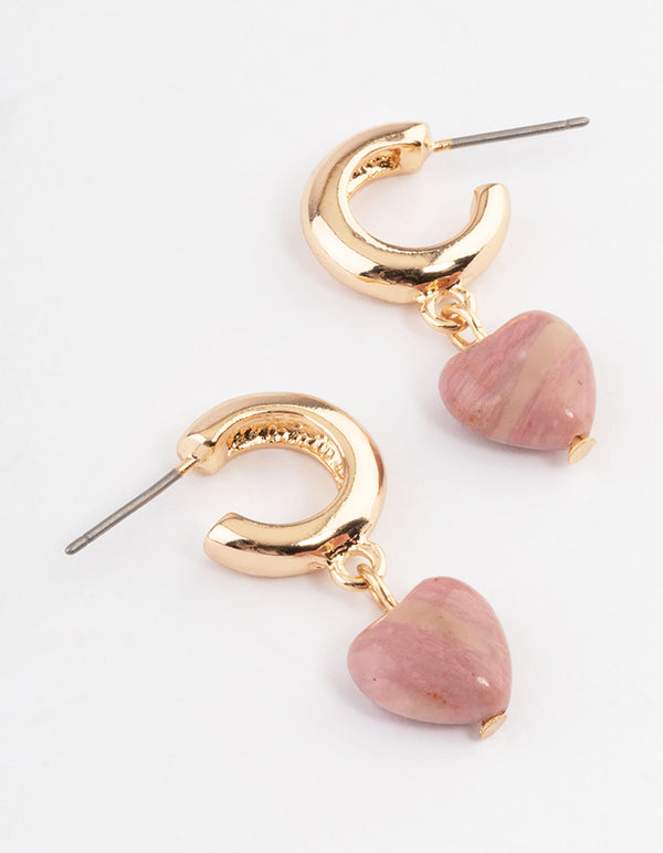 Gold Rhodonite Heart Huggie Earrings