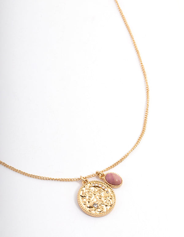 Gold Rhodonite Textured Coin Necklace