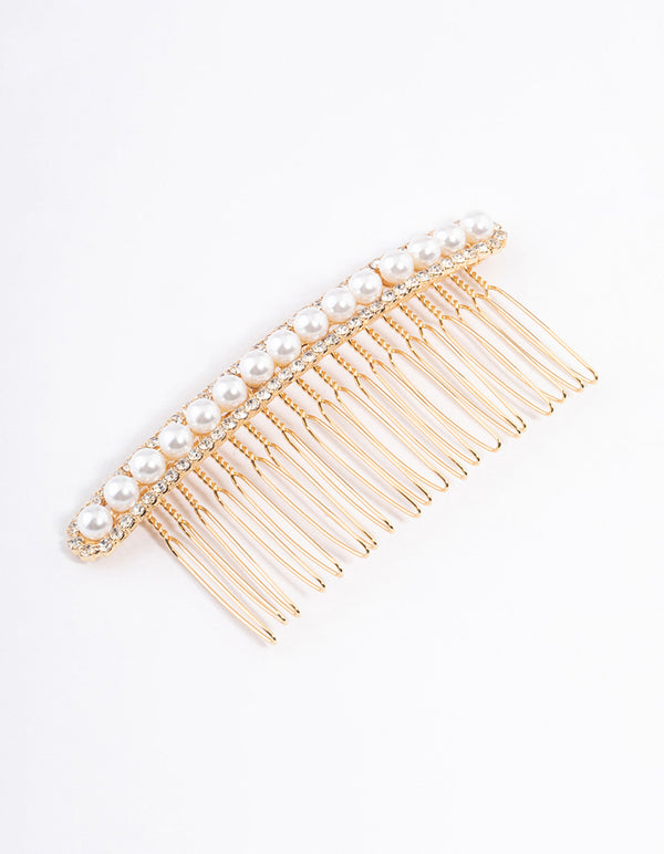 Gold Diamante & Pearl Stripe Comb