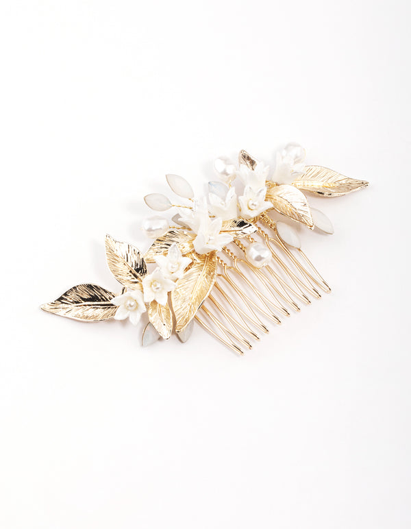 Gold Pearl Flower & Leaf Comb