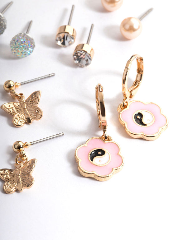 Gold Flower Yin & Yang Earrings 8-Pack