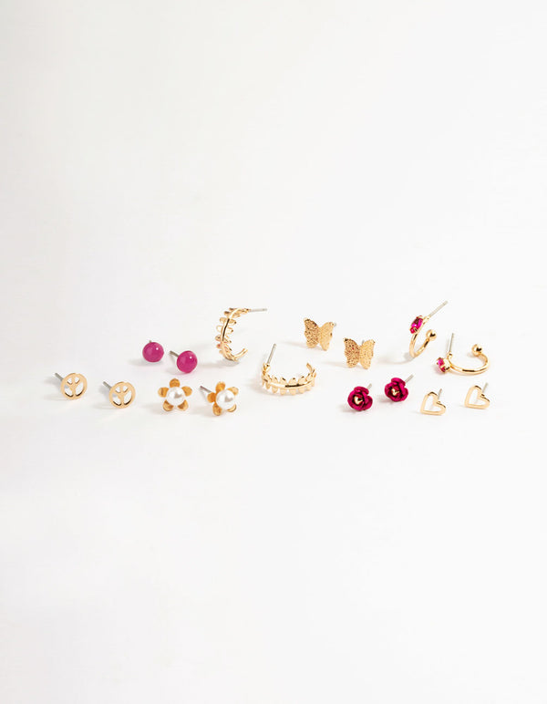 Gold Love & Peace Garden Earrings 8-Pack