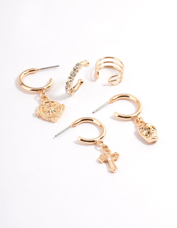 Gold Skull & Cross Stack Earrings