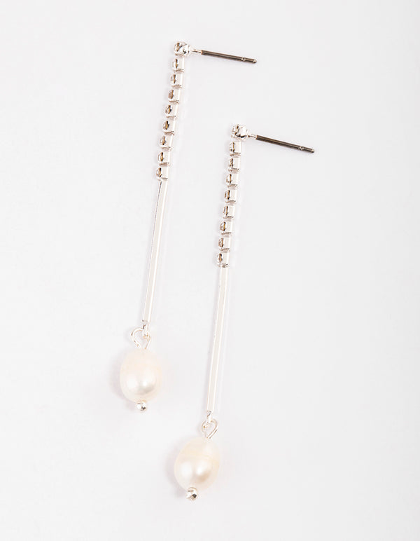 Silver Freshwater Pearl Cupchain Stack Drop Earrings