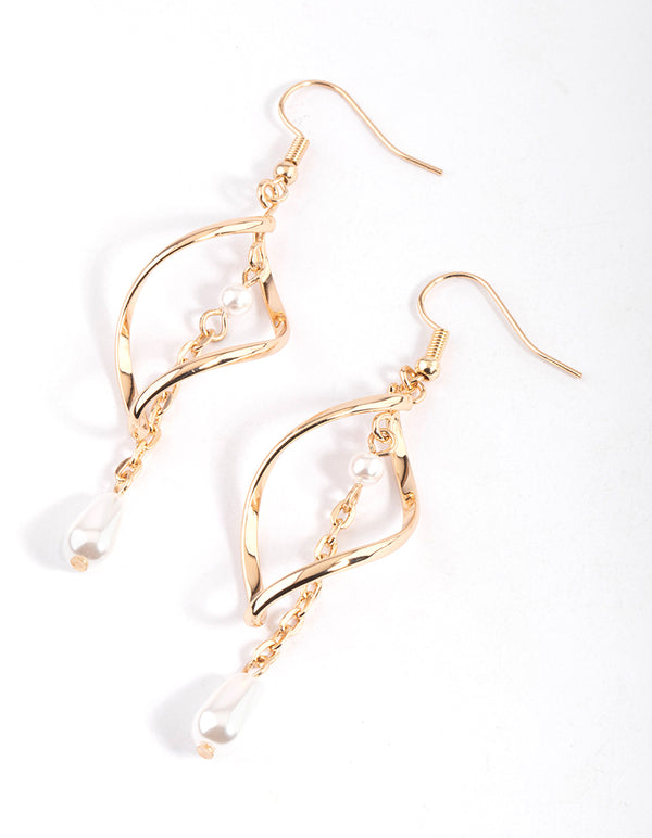 Gold Marquise Twist Pearl Drop Earrings
