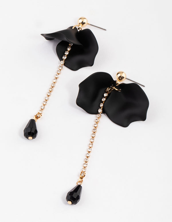 Gold & Black Petal Cupchain Bead Drop Earrings