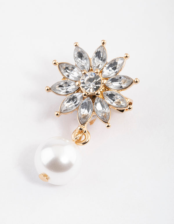 Gold Flower Pearl Droplet Brooch