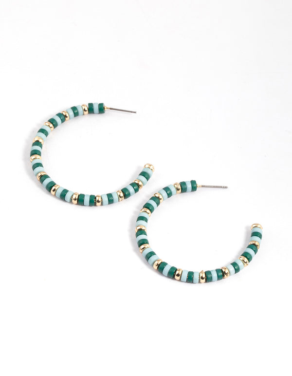 Green Flat & Round Bead Medium Hoop Earrings