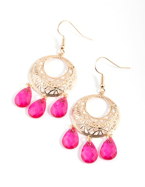 Gold Open Filigree & Pink Stone Drop Earrings
