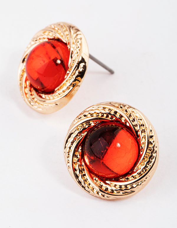 Red Round Twisted Stone Stud Earrings
