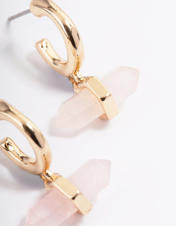Gold Rose Quartz Drop Huggie Earrings