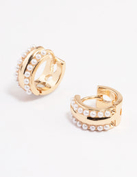 Gold Double Row Pearl Small Huggie Earrings - link has visual effect only