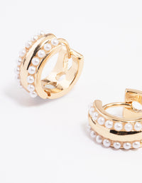 Gold Double Row Pearl Small Huggie Earrings - link has visual effect only