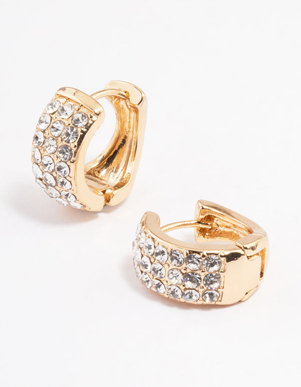 Gold Triple Row Diamante Small Huggie Earrings