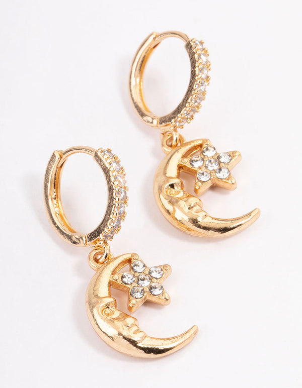 Gold Moon Face Star Huggie Earrings