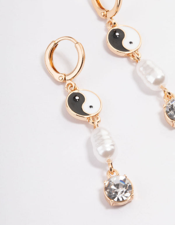 Gold Yin & Yang Pearl Diamante Huggie Earrings