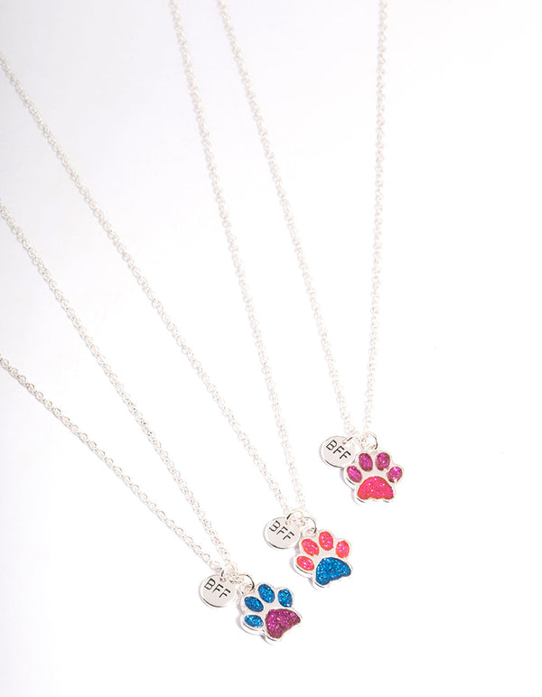 Kids Silver Glitter Paw BFF Necklace Pack