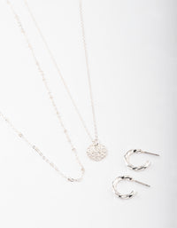 Silver Layered Textured Disc Necklace & Earrings Set - link has visual effect only