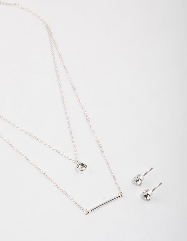 Silver Layered Stone Bar Necklace & Earrings Set