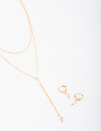 Gold Layered Y-Neck Necklace & Earrings Jewellery Set - link has visual effect only