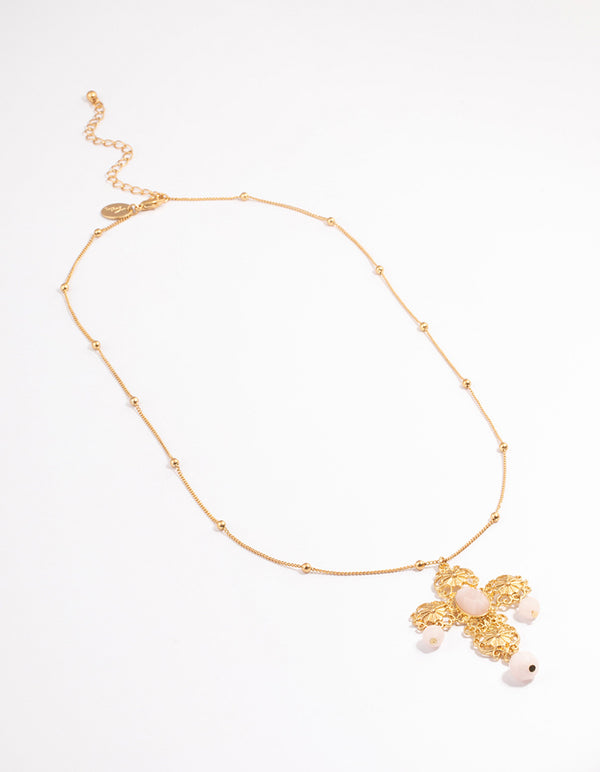 Gold Long Quartz Cross Necklace