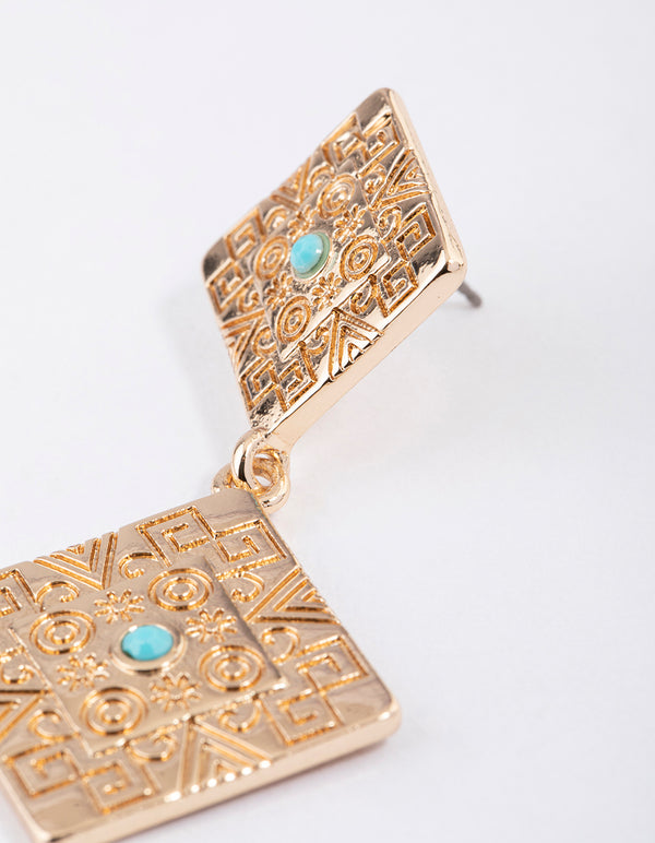 Gold Turquoise Square Drop Earrings