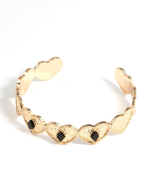 Gold Jet Black Heart Cuff Bracelet