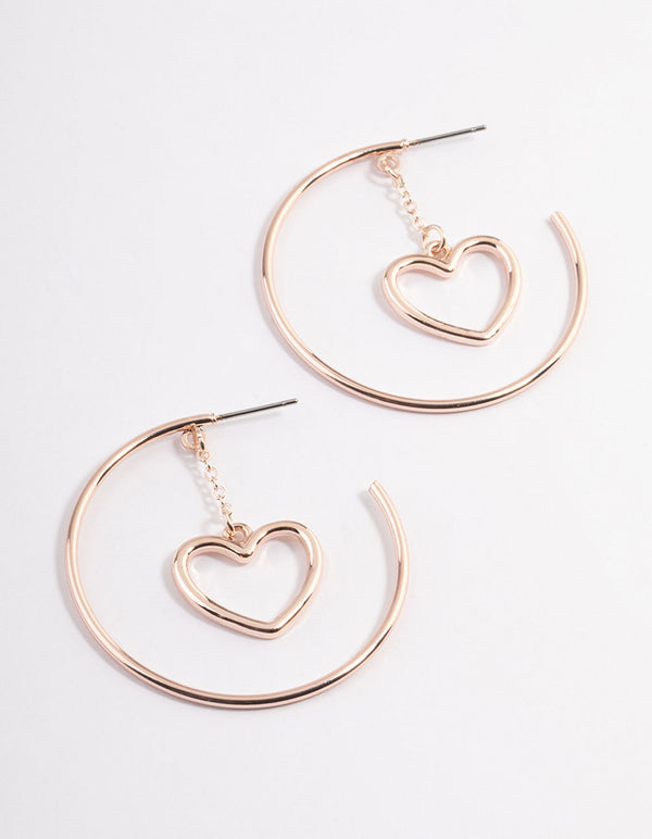 Rose Gold Heart Drop Hoop Earrings