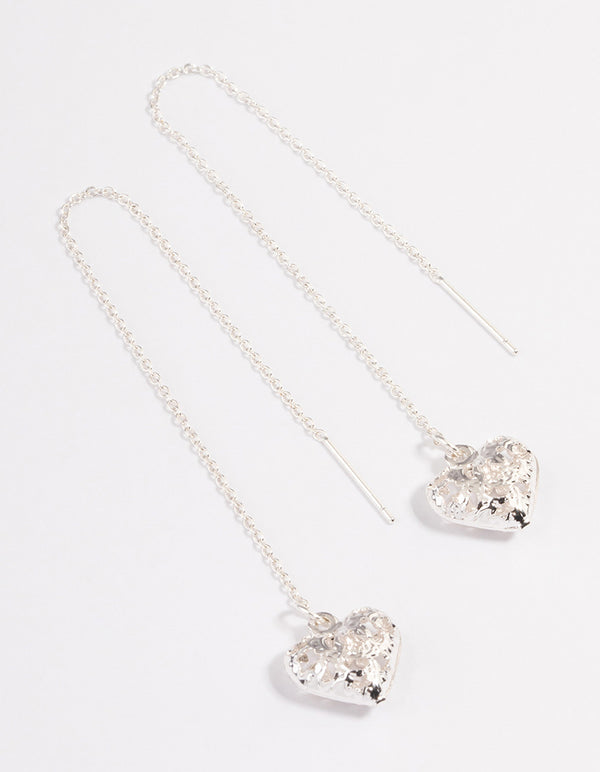Silver Heart Filigree Diamante Thread Through Earrings