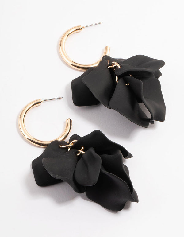 Black Coated Petal Huggie Drop Earrings